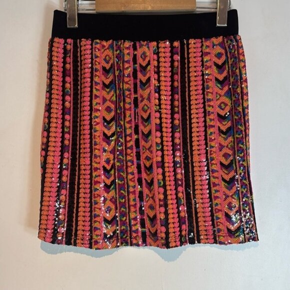 I Madeline Sequin Mini Skirt Sz M Fully Lined Geometric Aztec Design - Picture 1 of 8